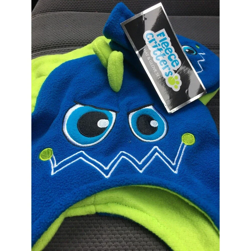2pc Fleece Critters Kids Fleece Hat & Gloves Set One Size Fits All Blue Green